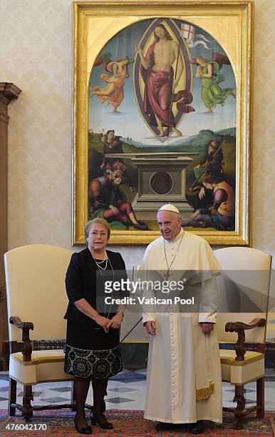 President Michelle Bachelet Jeria of Chile meets with Pope Francis during an audience at the Apostolic Palace on June 5, 2015 in Vatican City,...