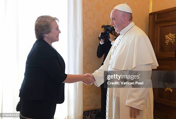 President Michelle Bachelet Jeria of Chile meets with Pope Francis during an audience at the Apostolic Palace on June 5, 2015 in Vatican City,...