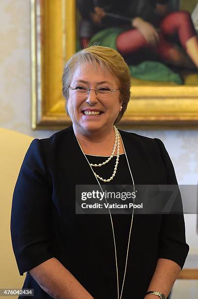 Pope Francis meets with President Michelle Bachelet Jeria of Chile during an audience at the Apostolic Palace on June 5, 2015 in Vatican City,...