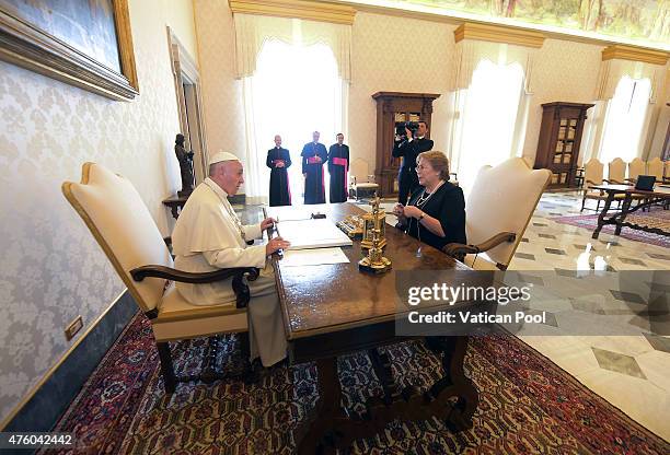 Pope Francis meets with President Michelle Bachelet Jeria of Chile during an audience at the Apostolic Palace on June 5, 2015 in Vatican City,...