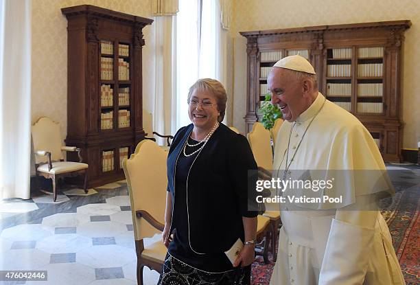 President Michelle Bachelet Jeria of Chile meets with Pope Francis during an audience at the Apostolic Palace on June 5, 2015 in Vatican City,...