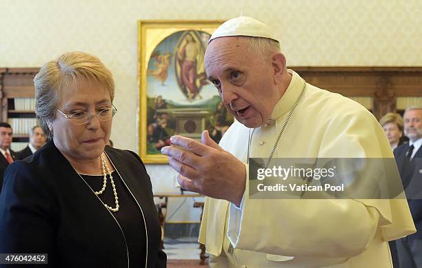 President Michelle Bachelet Jeria of Chile meets with Pope Francis during an audience at the Apostolic Palace on June 5, 2015 in Vatican City,...