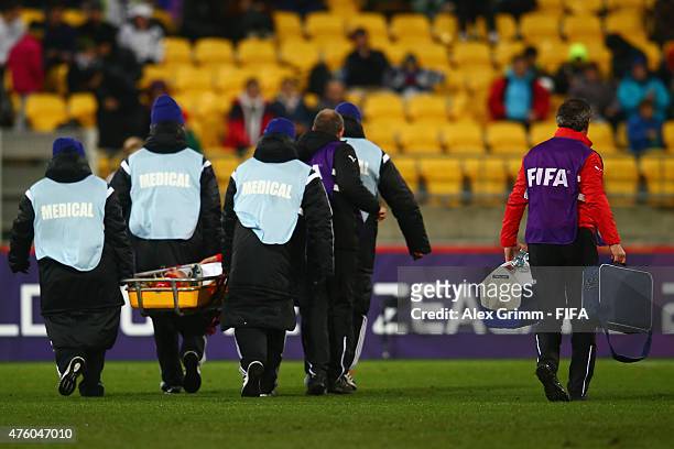Medical staff is seen during the FIFA U-20 World Cup New Zealand 2015 Group B match between Austria and Argentina at Wellington Regional Stadium on...