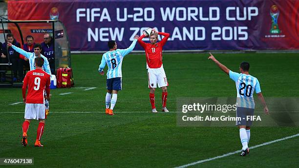 Konrad Laimer of Austria wants to throw in the ball during the FIFA U-20 World Cup New Zealand 2015 Group B match between Austria and Argentina at...