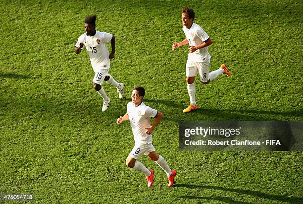 Andre Silva of Portugal celebrates after scoring a goal during the FIFA U-20 World Cup New Zealand 2015 Group C match between Colombia and Portugal...
