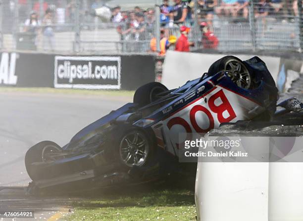 Jason Bright driver of the Team BOC Holden sustains a heavy crash during race three of the V8 Supercars Championship Series at the Adelaide Street...
