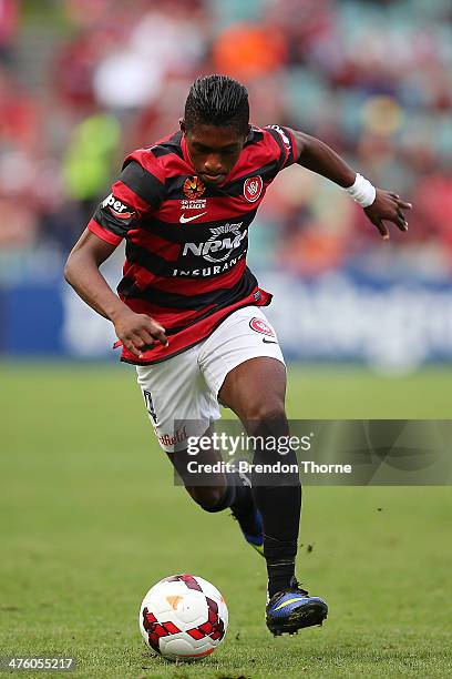 Kwabena Appiah of the Wanderers controls the ball during the round 21 A-League match between the Western Sydney Wanderers and the Newcastle Jets at...
