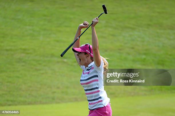 Paula Creamer of the USA celebrates after holing an eagle putt to seal victory in a play-off against Azahara Munoz of Spain during the final round of...