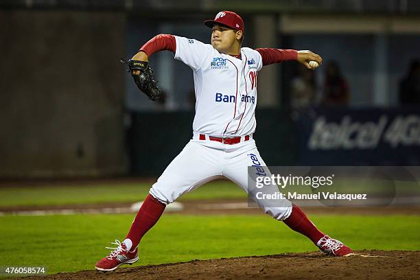 Alexandro Delgado pitcher of Diablos Rojos prepares a pitch during a match between Acereros de Monclova and Diablos Rojos as part of Mexican Baseball...