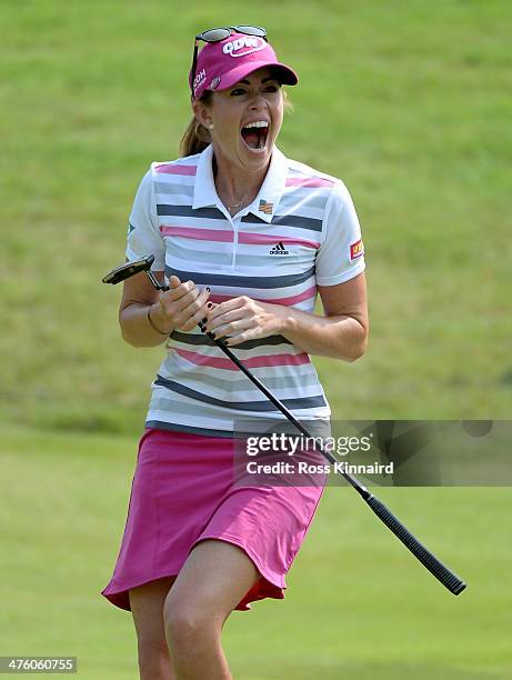 Paula Creamer of the USA celebrates after holing an eagle putt to seal victory in a play-off against Azahara Munoz of Spain during the final round of...