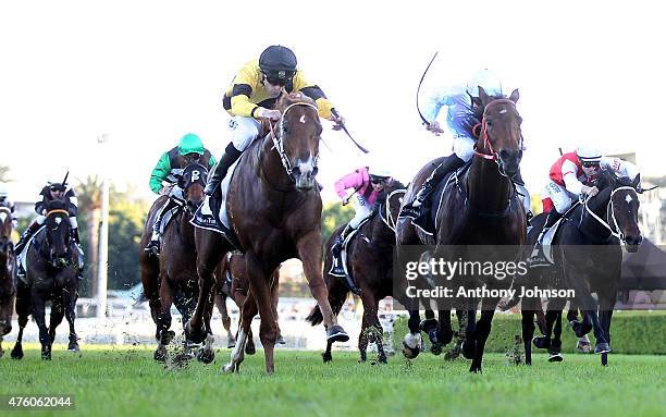 Thomas Huet rides Wouldn't It Be Nice to win race 6, The POWHF Tommy Raudonikis OAM June Stakes, during Sydney Racing at Royal Randwick Racecourse on...