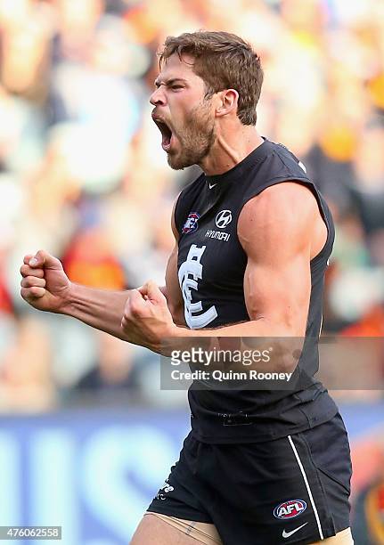 Levi Casboult of the Blues celebrates kicking a goal during the round 10 AFL match between the Carlton Blues and the Adelaide Crows at Melbourne...