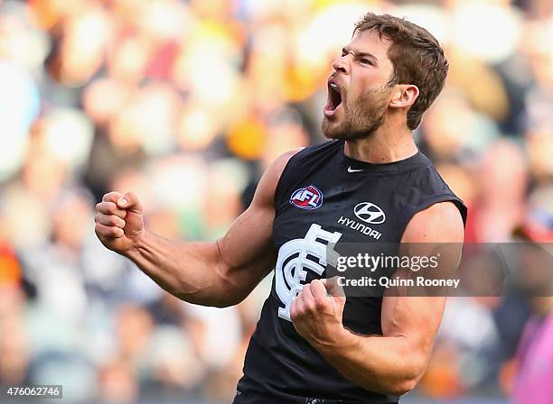 Levi Casboult of the Blues celebrates kicking a goal during the round 10 AFL match between the Carlton Blues and the Adelaide Crows at Melbourne...