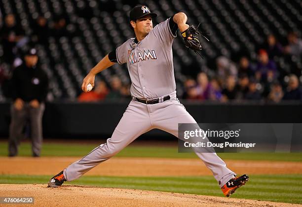 Relief pitcher Vin Mazzaro of the Miami Marlins delivers against the Colorado Rockies at Coors Field on June 5, 2015 in Denver, Colorado.