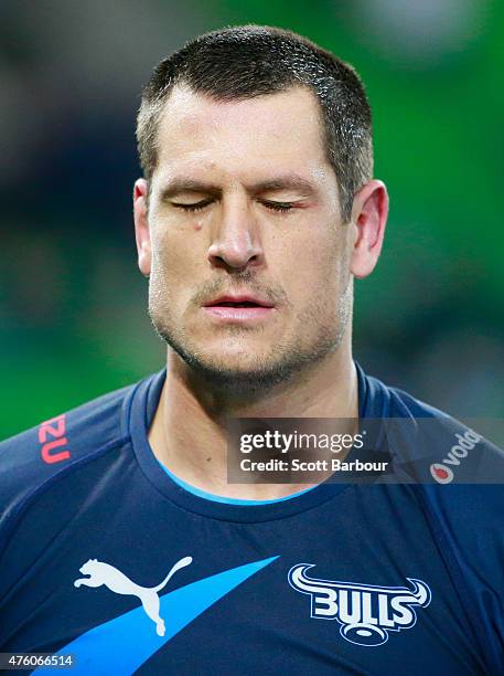 Pierre Spies, captain of the Bulls looks dejected as he leaves the field after losing the round 17 Super Rugby match between the Rebels and the Bulls...