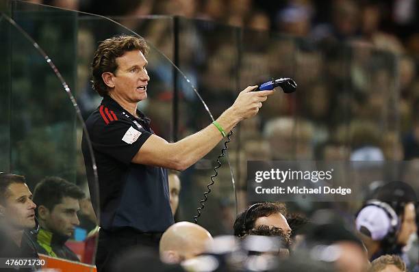 Bombers head coach James Hird reacts while coaching from the bench during the round 10 AFL match between the Essendon Bombers and the Geelong Cats at...