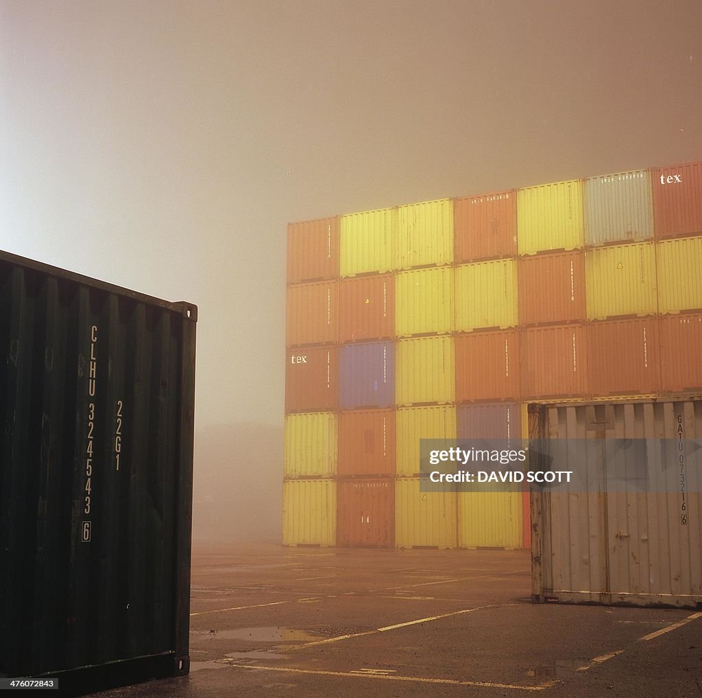Shipping Containers in the fog at night
