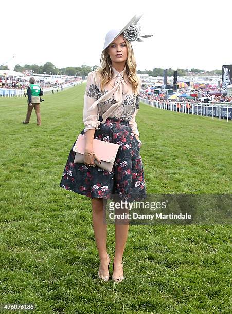 Laura Whitmore attends the Investec Derby Festival at Epsom Racecourse on June 6, 2015 in Epsom, England.