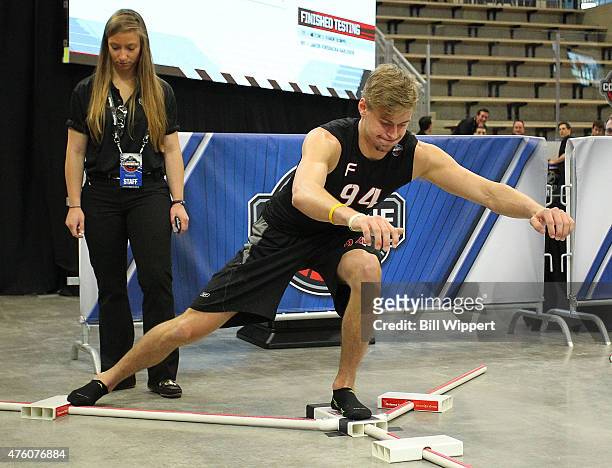 Paul Bittner performs a balance test during the NHL Combine at HarborCenter on June 6, 2015 in Buffalo, New York.