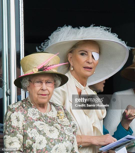 Queen Elizabeth II and Princess Michael of Kent attend the Epsom Derby at Epsom Racecourse on June 6, 2015 in Epsom, England.