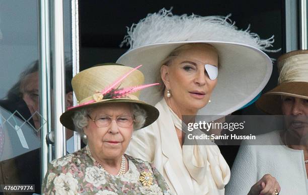 Queen Elizabeth II and Princess Michael of Kent attend the Epsom Derby at Epsom Racecourse on June 6, 2015 in Epsom, England.