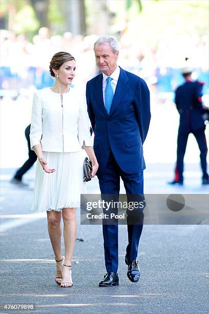 Queen Letizia of Spain and Defense Minister Pedro Morenes attend the 2015 Armed Forces Day at Plaza de la Lealtad on June 6, 2015 in Madrid, Spain.