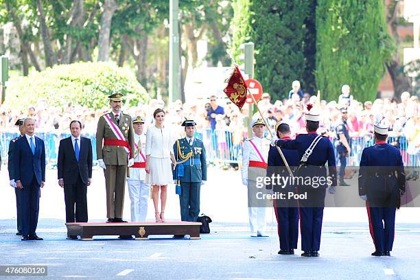 Defense Minister Pedro Morenes, King Felipe VI of Spain and Queen Letizia of Spain attend the 2015 Armed Forces Day at Plaza de la Lealtad on June 6,...
