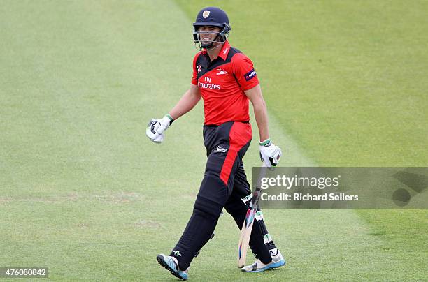 Durham Jets Calum MacLeod grimaces after lbw during the NatWest T20 Blast between Durham Jets and Birmingham Bears at Emirates Durham ICG, on June...