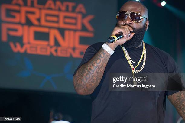 Rapper Rick Ross performs during Atlanta Greek Picnic weekend-Day 1 at Morehouse College - Forbes Arena on June 5, 2015 in Atlanta, Georgia.