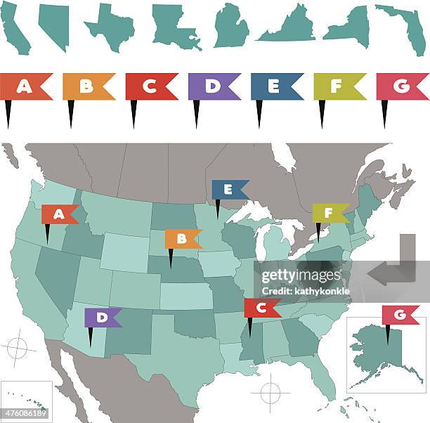 united states map with flag pins - alaska us state stock illustrations