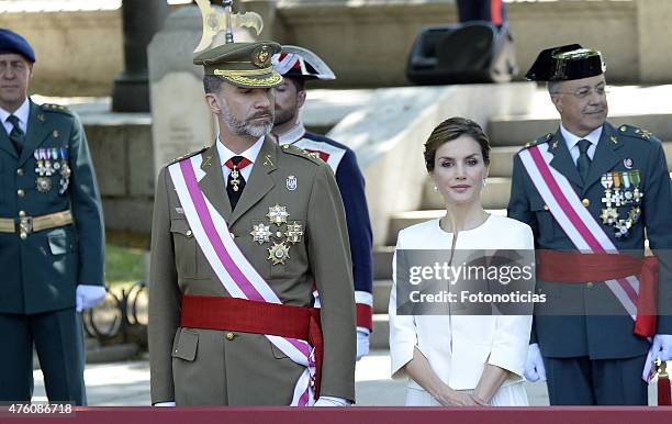 King Felipe VI of Spain and Queen Letizia of Spain attend the 2015 Armed Forces Day Ceremony at the Plaza de la Lealtad on June 6, 2015 in Madrid,...