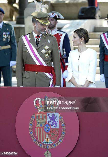 King Felipe VI of Spain and Queen Letizia of Spain attend the 2015 Armed Forces Day Ceremony at the Plaza de la Lealtad on June 6, 2015 in Madrid,...