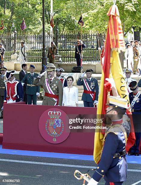 King Felipe VI of Spain and Queen Letizia of Spain attend the 2015 Armed Forces Day Ceremony at the Plaza de la Lealtad on June 6, 2015 in Madrid,...