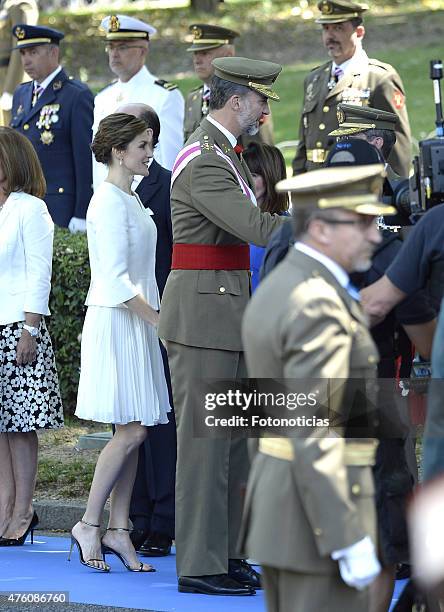 King Felipe VI of Spain and Queen Letizia of Spain attend the 2015 Armed Forces Day Ceremony at the Plaza de la Lealtad on June 6, 2015 in Madrid,...