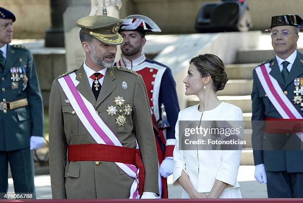 King Felipe VI of Spain and Queen Letizia of Spain attend the 2015 Armed Forces Day Ceremony at the Plaza de la Lealtad on June 6, 2015 in Madrid,...