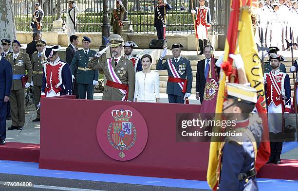 King Felipe VI of Spain and Queen Letizia of Spain attend the 2015 Armed Forces Day Ceremony at the Plaza de la Lealtad on June 6, 2015 in Madrid,...