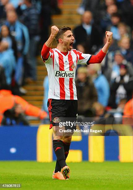 Fabio Borini of Sunderland celebrates scoring the opening goal during the Capital One Cup Final between Manchester City and Sunderland at Wembley...