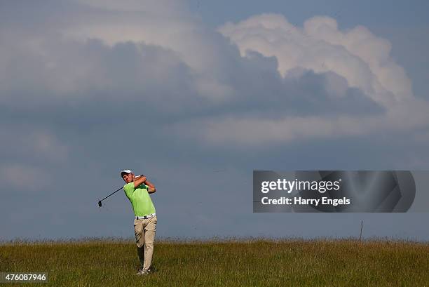 Maximilian Kieffer of Germany plays his second shot out of the rough on the eighth hole on day three of the Nordea Masters at the PGA Sweden National...