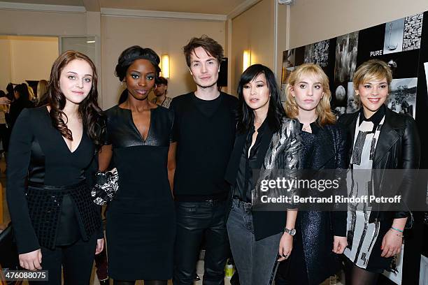 Pauline Burlet, Aissa Maiga, Fashion designer Maxime Simoens, Linh-Dan Pham, Lolita Chammah and Alysson Paradis pose backstage after the Maxime...