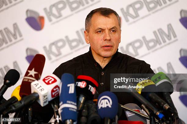 The Chairman of the Supreme Council of Crimea Vladimir Konstantinov holds a press conference in Simferepol, Ukraine on March 2, 2014. Awaiting of...