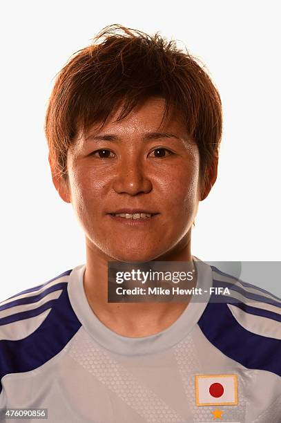 Miho Fukumoto of Japan poses for a portrait during the official Japan portrait session ahead of the FIFA Women's World Cup 2015 at the Sheraton Wall...