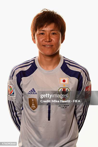 Miho Fukumoto of Japan poses for a portrait during the official Japan portrait session ahead of the FIFA Women's World Cup 2015 at the Sheraton Wall...