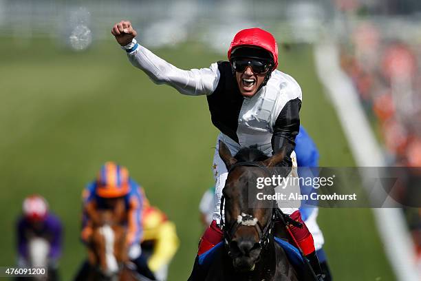 Frankie Dettori riding Golden Horn win The Investec Derby at Epsom racecourse on June 06, 2015 in Epsom, England.