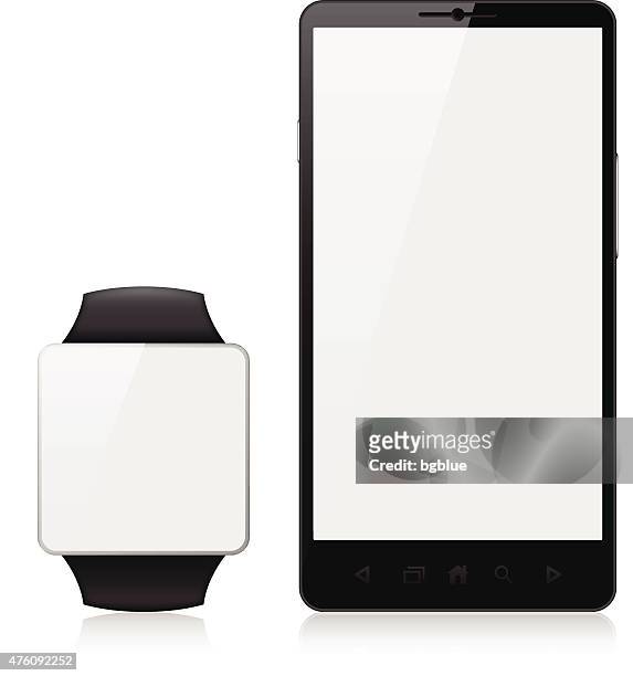 smartphone mit smart watch auf weißem hintergrund - réseau social stock-grafiken, -clipart, -cartoons und -symbole