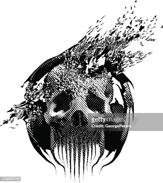 spooky skull listening to music, blown away by song - heavy metal stock illustrations