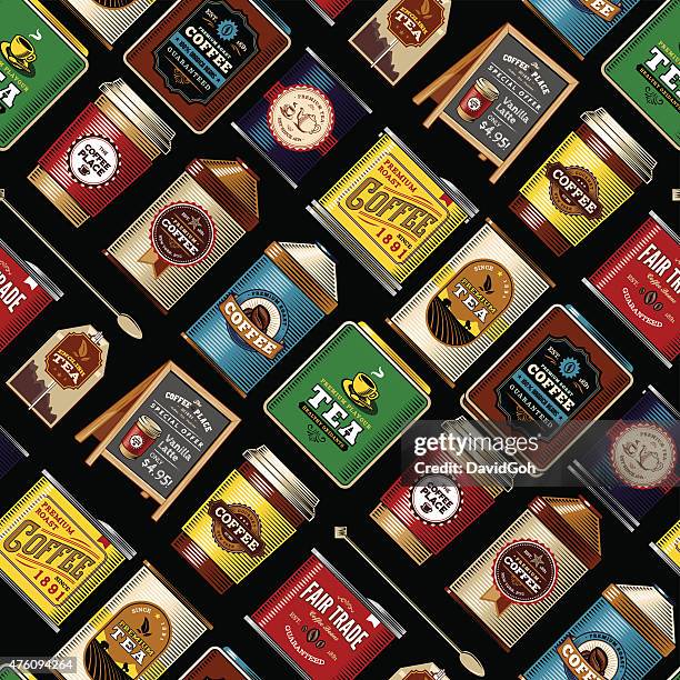 coffee & tea item seamless pattern - coffee packaging design stock illustrations