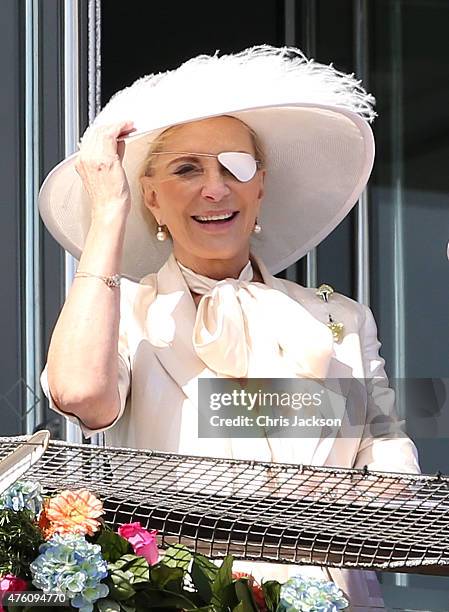 Princess Michael of Kent watches the racing from the royal box at the Investec Derby festival at Epsom Racecourse on June 6, 2015 in Epsom, England.