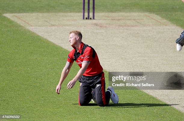 Durham Jets Ben Stokes reacts during the NatWest T20 Blast between Durham Jets and Birmingham Bears at Emirates Durham ICG, on June 06, 2015 in...