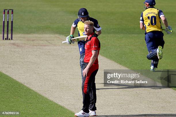 Durham Jets Ben Stokes reacts during the NatWest T20 Blast between Durham Jets and Birmingham Bears at Emirates Durham ICG, on June 06, 2015 in...