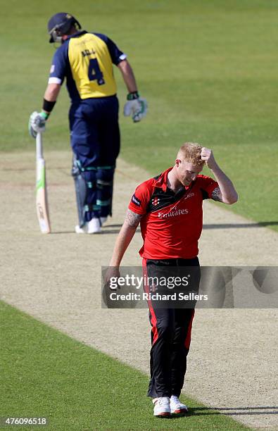 Durham Jets Ben Stokes reacts during the NatWest T20 Blast between Durham Jets and Birmingham Bears at Emirates Durham ICG, on June 06, 2015 in...